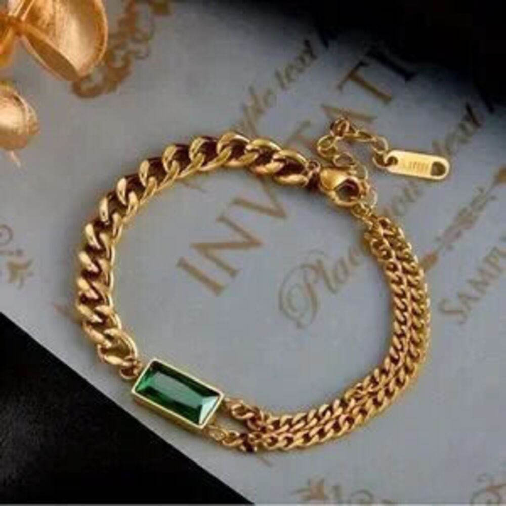 Gold Plated Stainless Steel Chain Bracelet with Green Gemstone